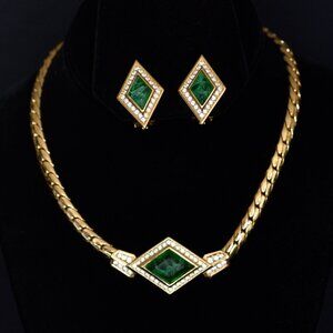 Christian Dior 1970's Art Deco Green & Gold Necklace & Earrings Set - Signed
